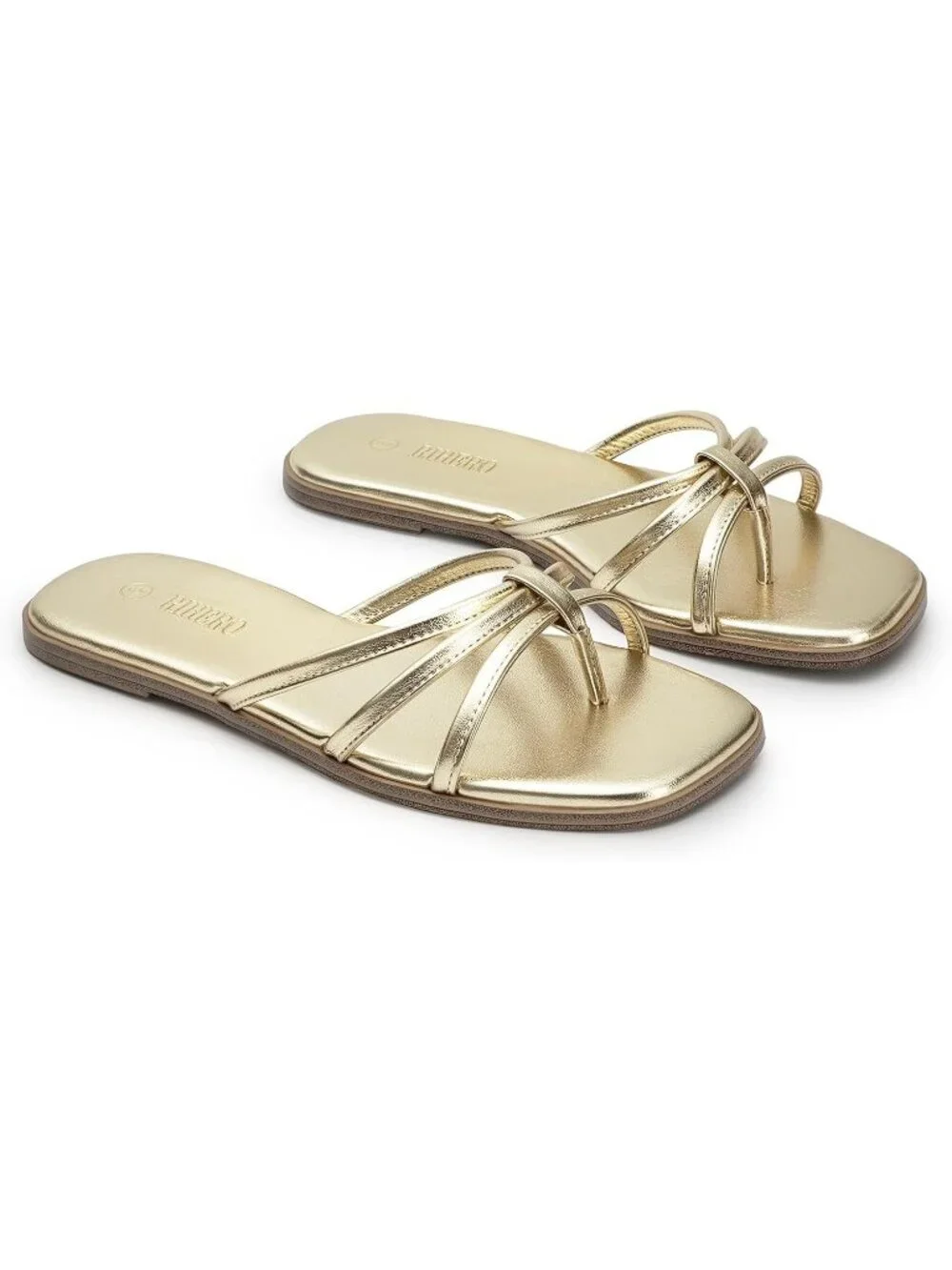 Women's Gold Summer Comfortable Slip On Square Toe Flat Sandals For Beach
